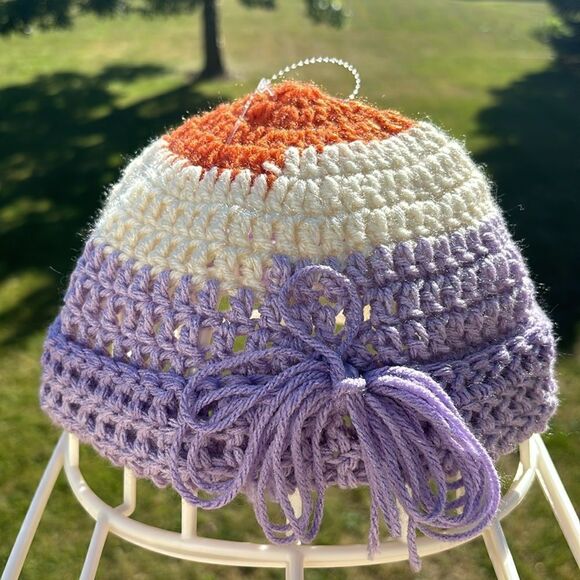 New Handmade crochet purple cream, and orange, cuffed stretchy beanie hat - Picture 1 of 7